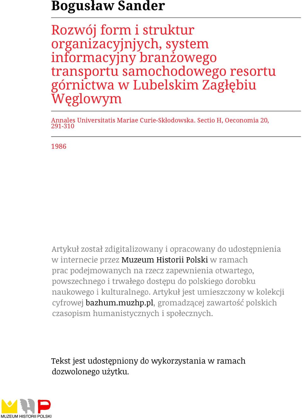 resortu górnictwa w Lubelskim Zagłębiu Węglowym Annales