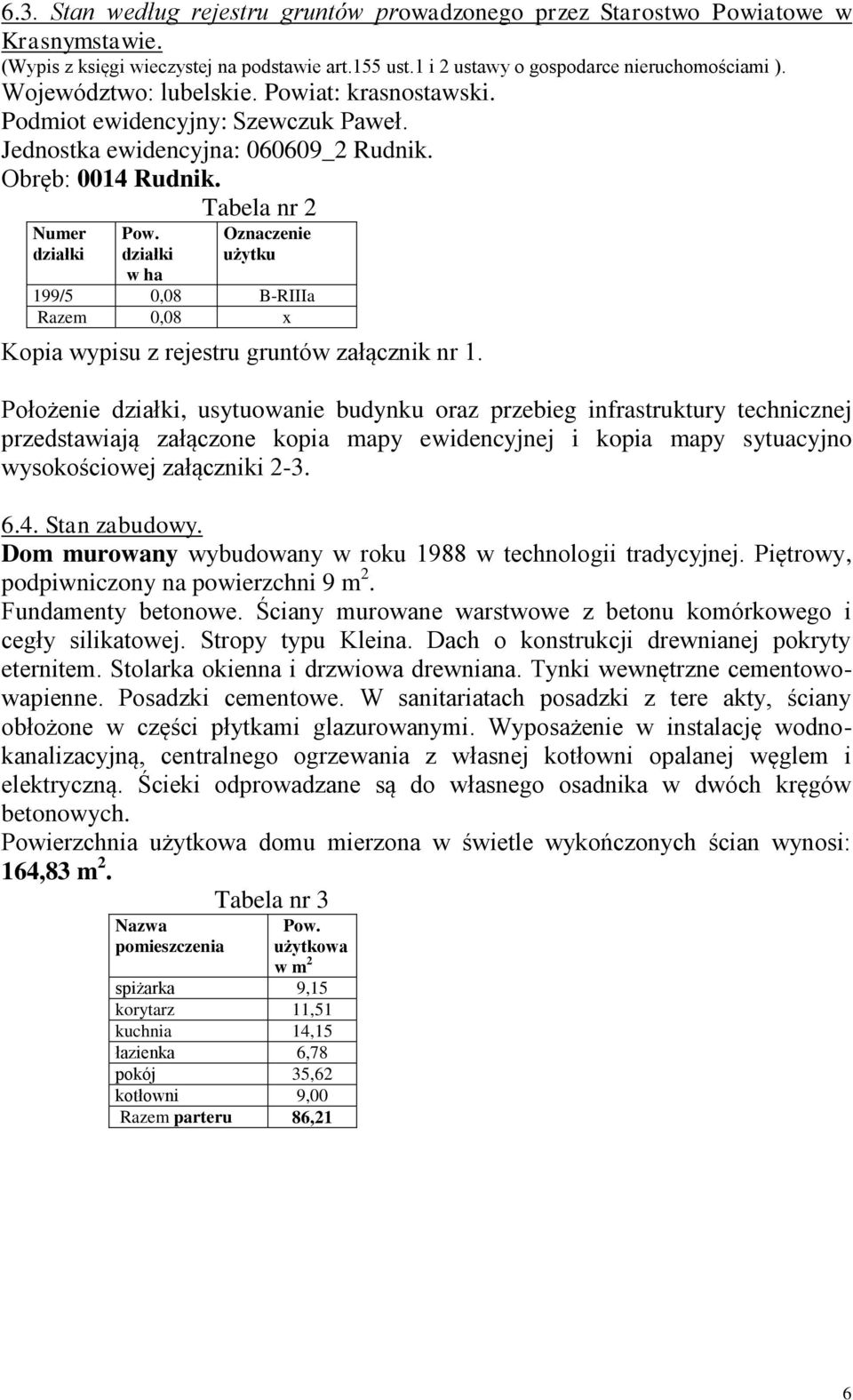 działki w ha Oznaczenie użytku 199/5 0,08 B-RIIIa Razem 0,08 x Kopia wypisu z rejestru gruntów załącznik nr 1.