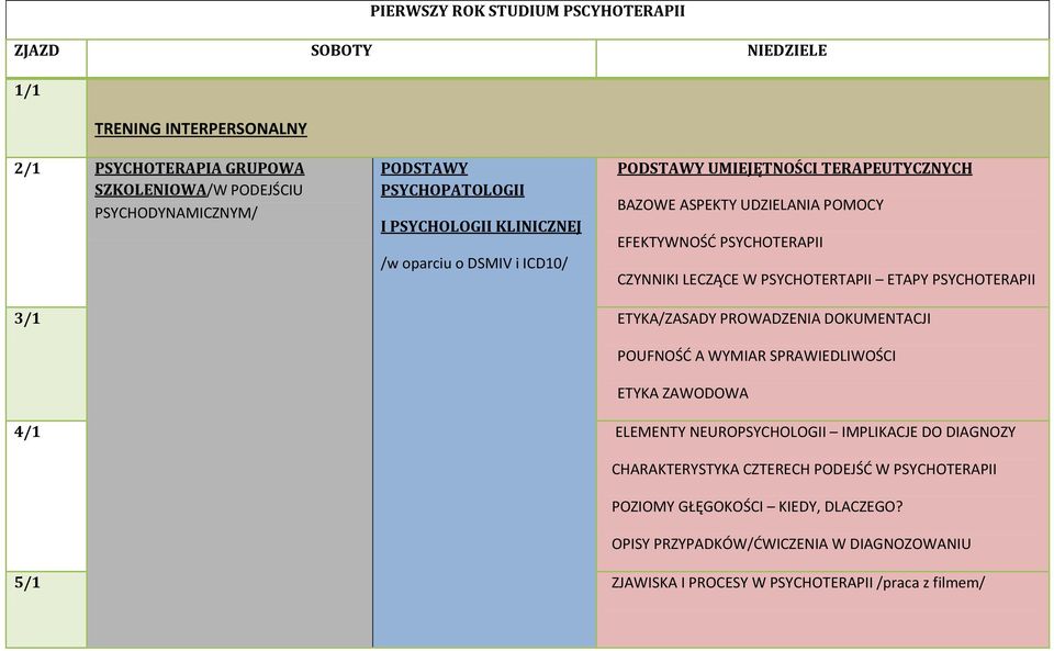 LECZĄCE W PSYCHOTERTAPII ETAPY PSYCHOTERAPII 3/1 ETYKA/ZASADY PROWADZENIA DOKUMENTACJI POUFNOŚD A WYMIAR SPRAWIEDLIWOŚCI ETYKA ZAWODOWA 4/1 ELEMENTY NEUROPSYCHOLOGII IMPLIKACJE