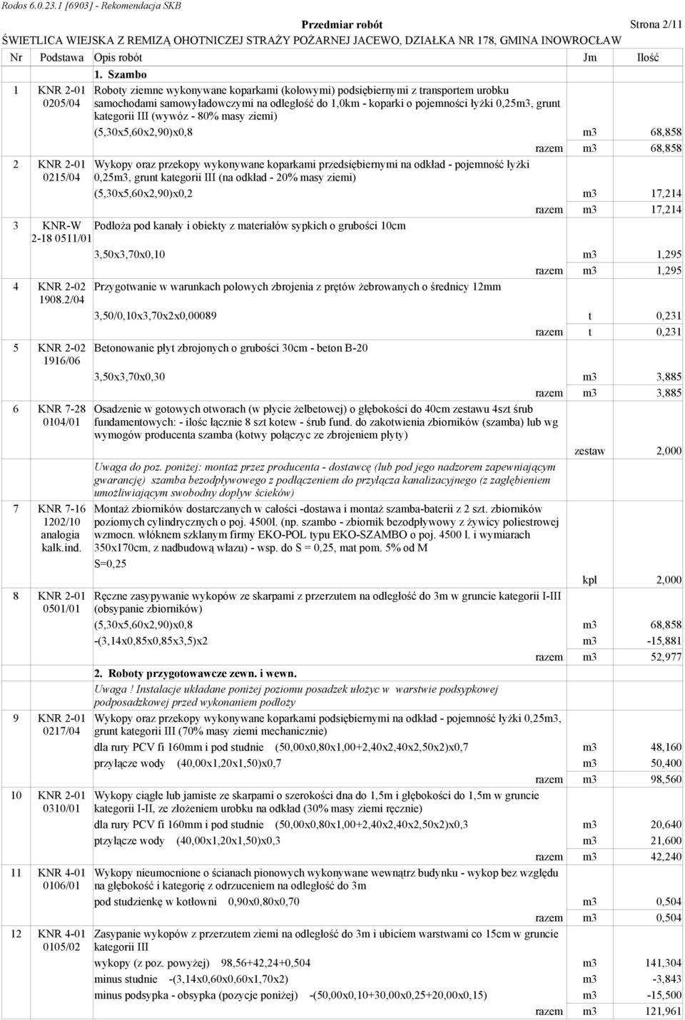 (wywóz - 80% masy ziemi) (5,30x5,60x2,90)x0,8 m3 68,858 razem m3 68,858 Wykopy oraz przekopy wykonywane koparkami przedsiębiernymi na odkład - pojemność łyżki 0,25m3, grunt kategorii III (na odkład -