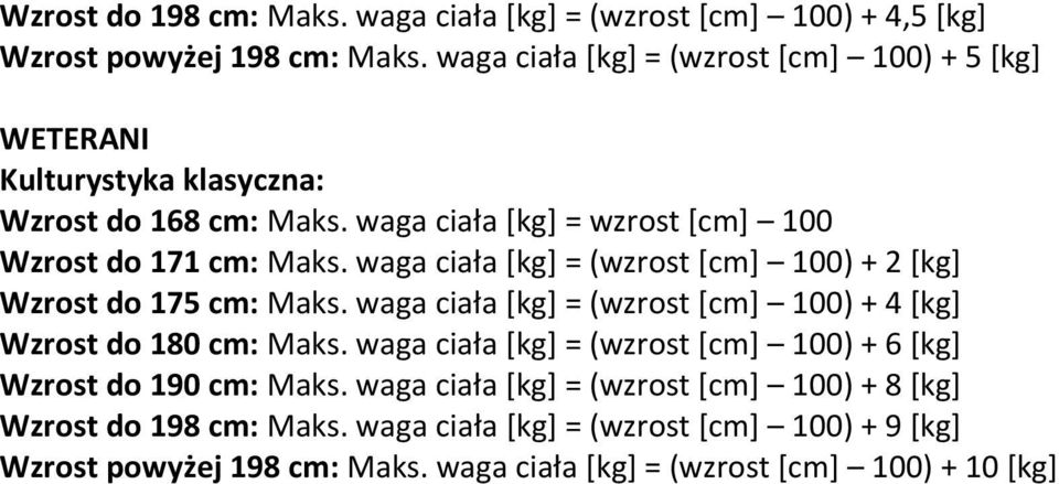 waga ciała [kg] = (wzrost [cm] 100) + 2 [kg] Wzrost do 175 cm: Maks. waga ciała [kg] = (wzrost [cm] 100) + 4 [kg] Wzrost do 180 cm: Maks.