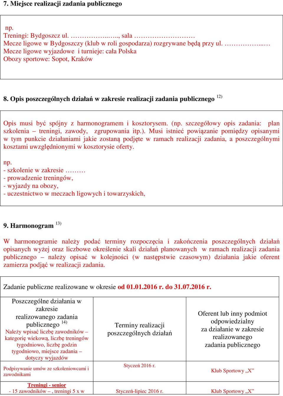 Opis poszczególnych działań w zakresie realizacji zadania publicznego 12) Opis musi być spójny z harmonogramem i kosztorysem. (np.