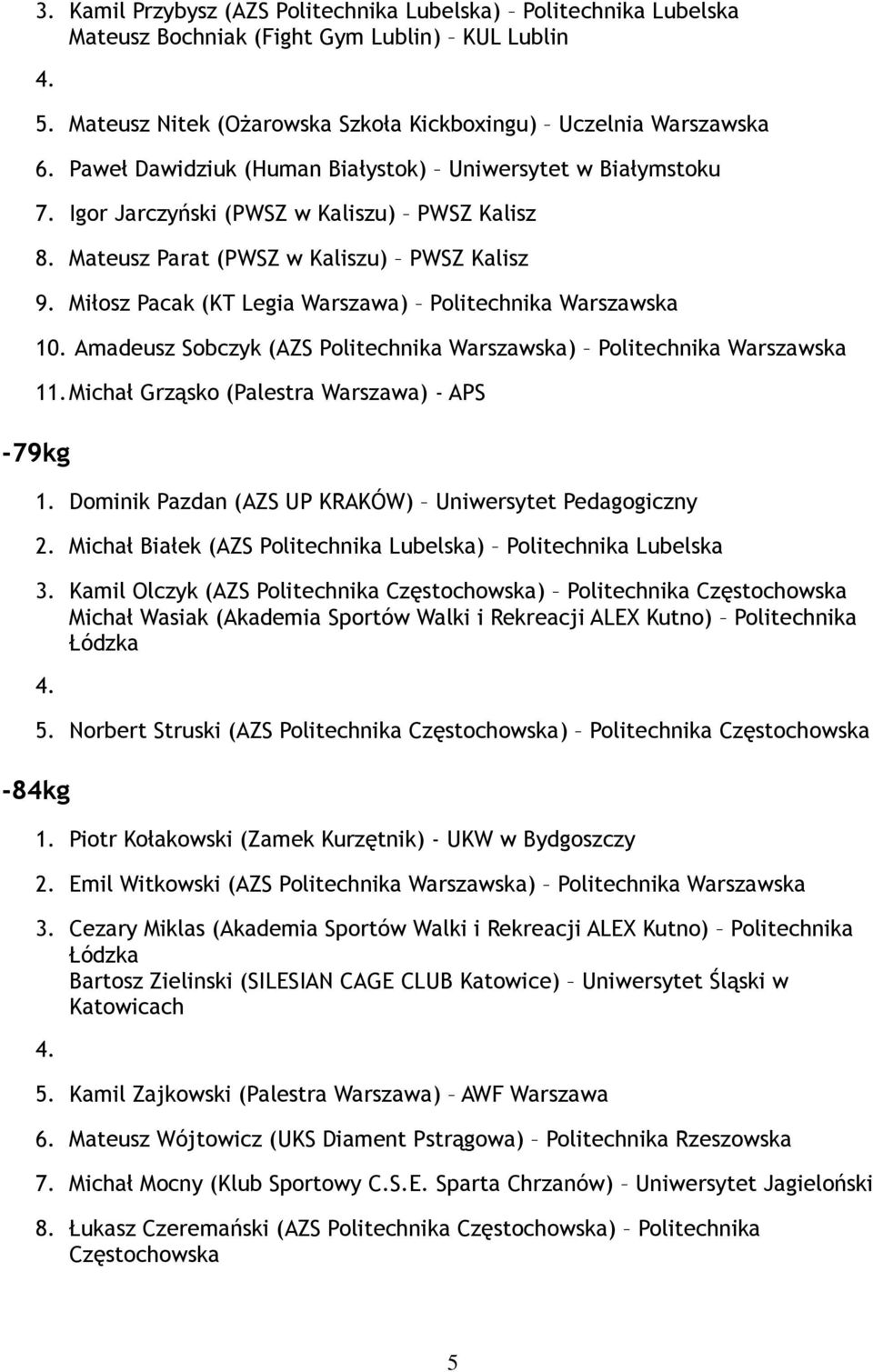Miłosz Pacak (KT Legia Warszawa) Politechnika Warszawska 10. Amadeusz Sobczyk (AZS Politechnika Warszawska) Politechnika Warszawska 11. Michał Grząsko (Palestra Warszawa) - APS -79kg 1.