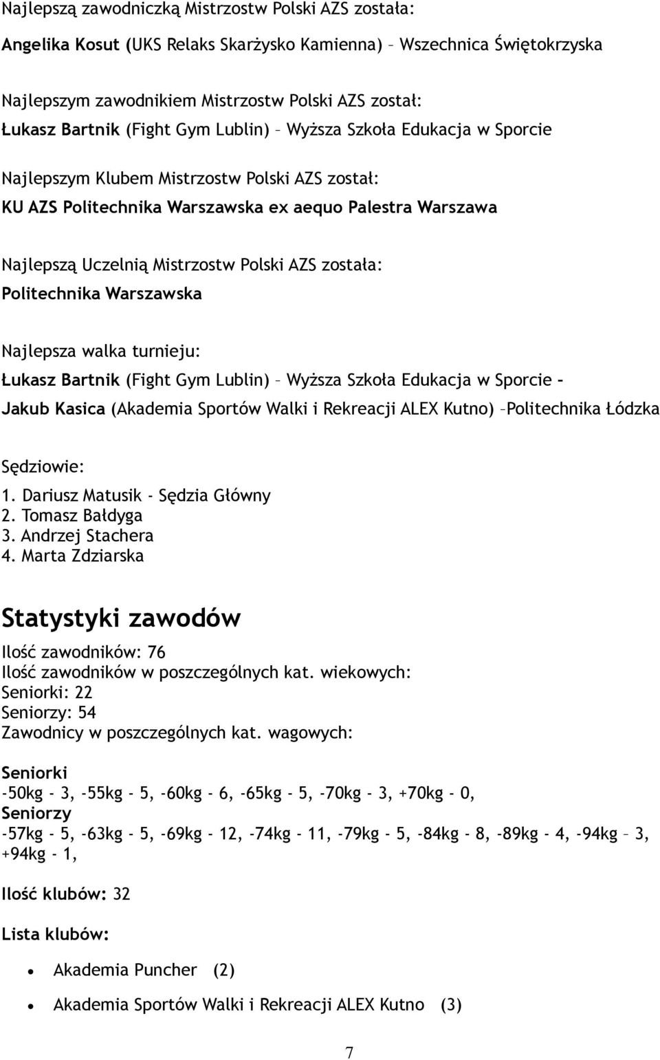 została: Politechnika Warszawska Najlepsza walka turnieju: Łukasz Bartnik (Fight Gym Lublin) Wyższa Szkoła Edukacja w Sporcie Jakub Kasica (Akademia Sportów Walki i Rekreacji ALEX Kutno) Politechnika