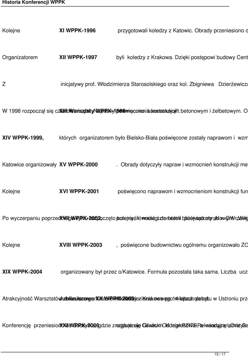 betonowym i żelbetowym. Or XIV WPPK-1999, których organizatorem było Bielsko-Biała poświęcone zostały naprawom i wzm Katowice organizowały XV WPPK-2000.