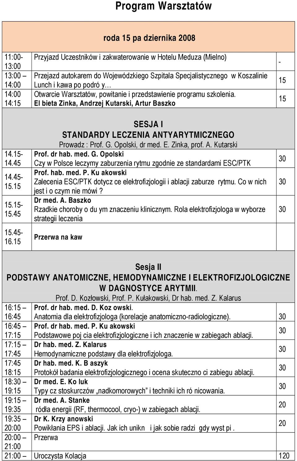 Warsztatów, powitanie i przedstawienie programu szkolenia. Elbieta Zinka, Andrzej Kutarski, Artur Baszko SESJA I STANDARDY LECZENIA ANTYARYTMICZNEGO Prowadz: Prof. G. Opolski, dr med. E. Zinka, prof.