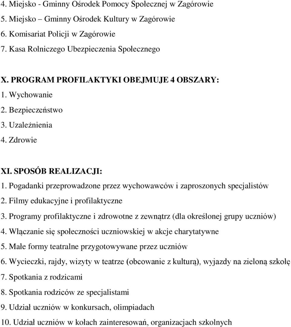 Filmy edukacyjne i profilaktyczne 3. Programy profilaktyczne i zdrowotne z zewnątrz (dla określonej grupy uczniów) 4. Włączanie się społeczności uczniowskiej w akcje charytatywne 5.