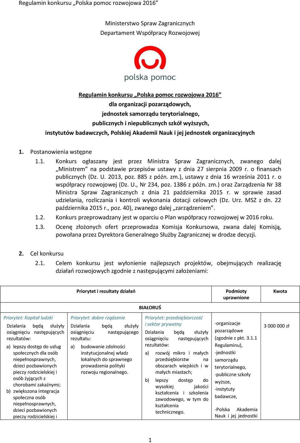 Postanowienia wstępne 1.1. Konkurs ogłaszany jest przez Ministra Spraw Zagranicznych, zwanego dalej Ministrem na podstawie przepisów ustawy z dnia 27 sierpnia 2009 r. o finansach publicznych (Dz. U.