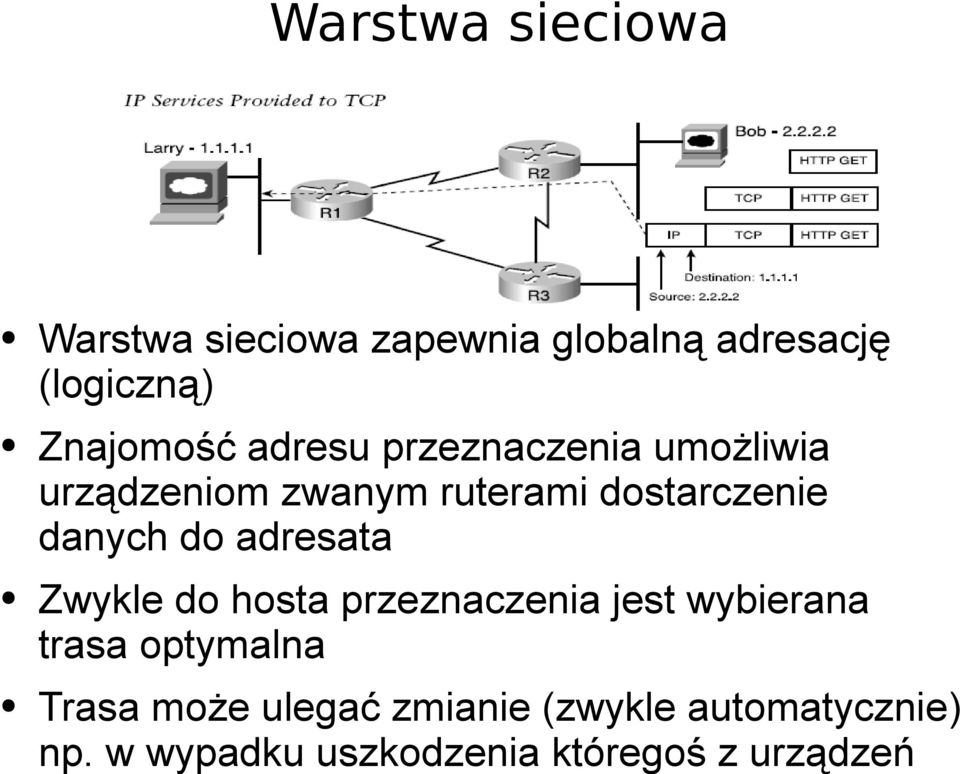 adresata Zwykle do hosta przeznaczenia jest wybierana trasa optymalna Trasa może