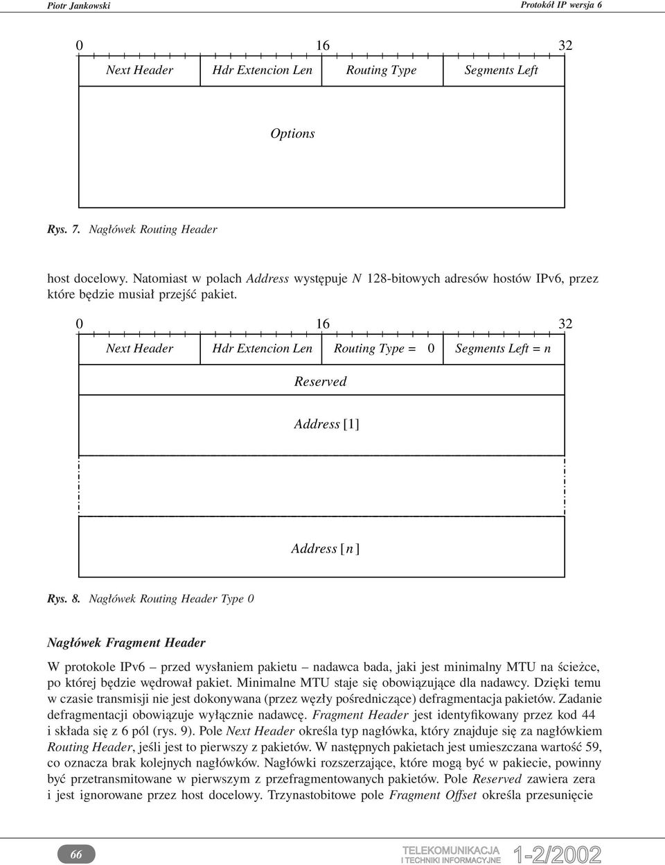 0 16 32 Next Header Hdr Extencion Len Routing Type = 0 Segments Left = n Reserved Address [1] Address [n ] Rys. 8.