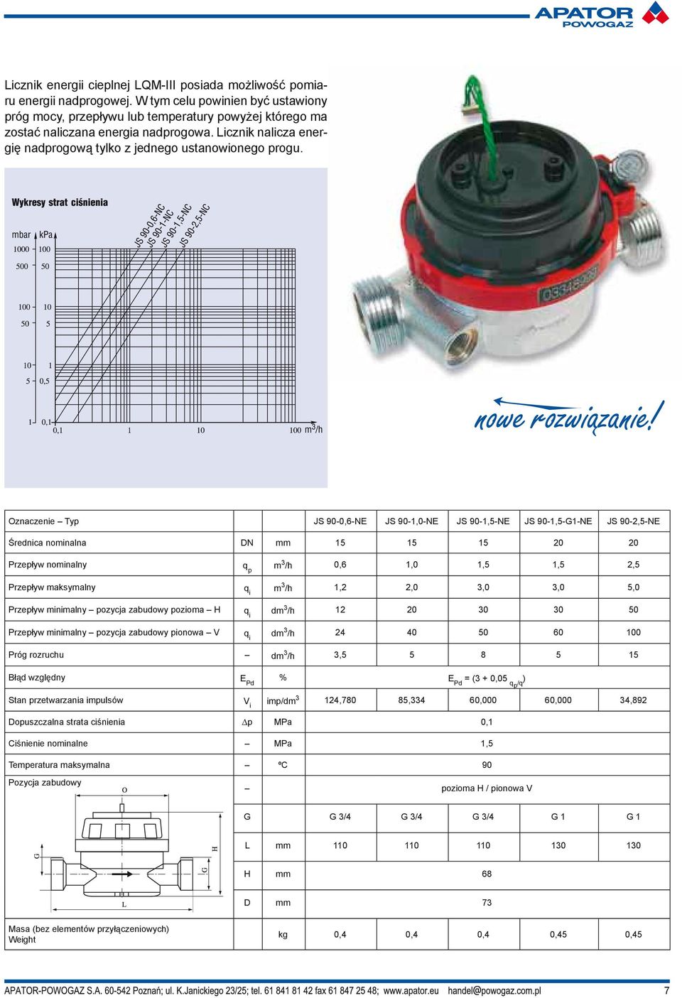 Oznaczenie Typ JS 90-0,6-NE JS 90-1,0-NE JS 90-1,5-NE JS 90-1,5-G1-NE JS 90-2,5-NE Średnica nominalna DN mm 15 15 15 20 20 Przepływ nominalny q p m 3 /h 0,6 1,0 1,5 1,5 2,5 Przepływ maksymalny q i m