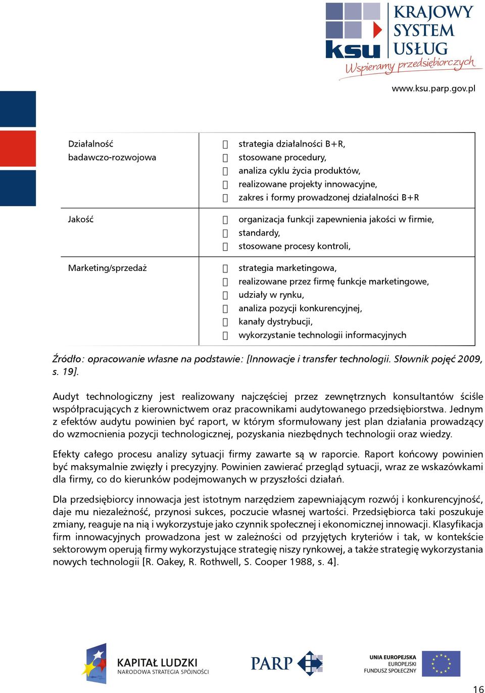 analiza pozycji konkurencyjnej, kanały dystrybucji, wykorzystanie technologii informacyjnych Źródło: opracowanie własne na podstawie: [Innowacje i transfer technologii. Słownik pojęć 2009, s. 19].