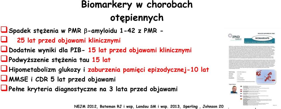 Hipometabolizm glukozy i zaburzenia pamięci epizodycznej-10 lat MMSE i CDR 5 lat przed objawami Pełne kryteria