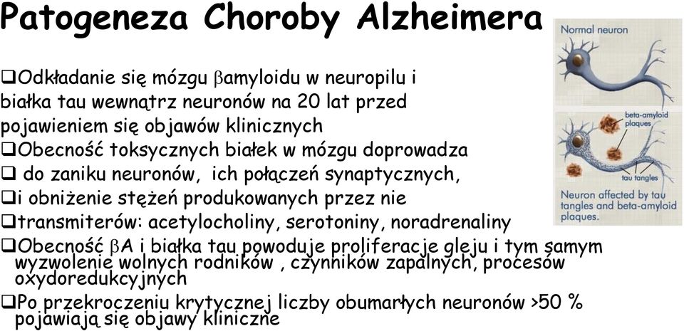 nie transmiterów: acetylocholiny, serotoniny, noradrenaliny Obecność ba i białka tau powoduje proliferacje gleju i tym samym wyzwolenie wolnych