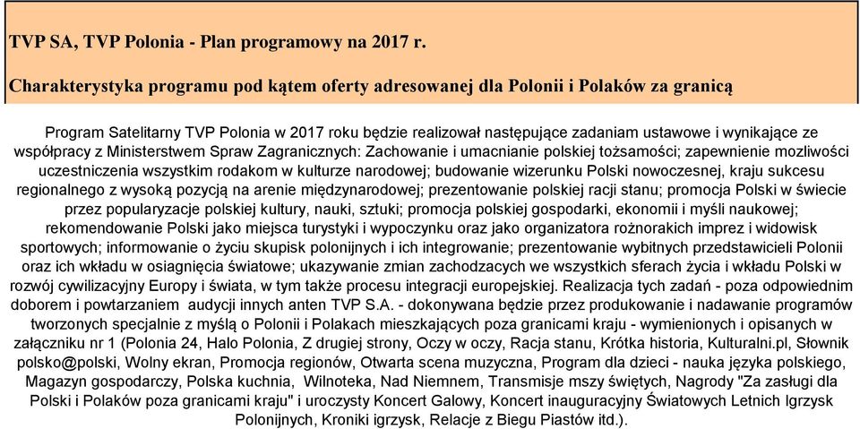 współpracy z Ministerstwem Spraw Zagranicznych: Zachowanie i umacnianie polskiej tożsamości; zapewnienie mozliwości uczestniczenia wszystkim rodakom w kulturze narodowej; budowanie wizerunku Polski