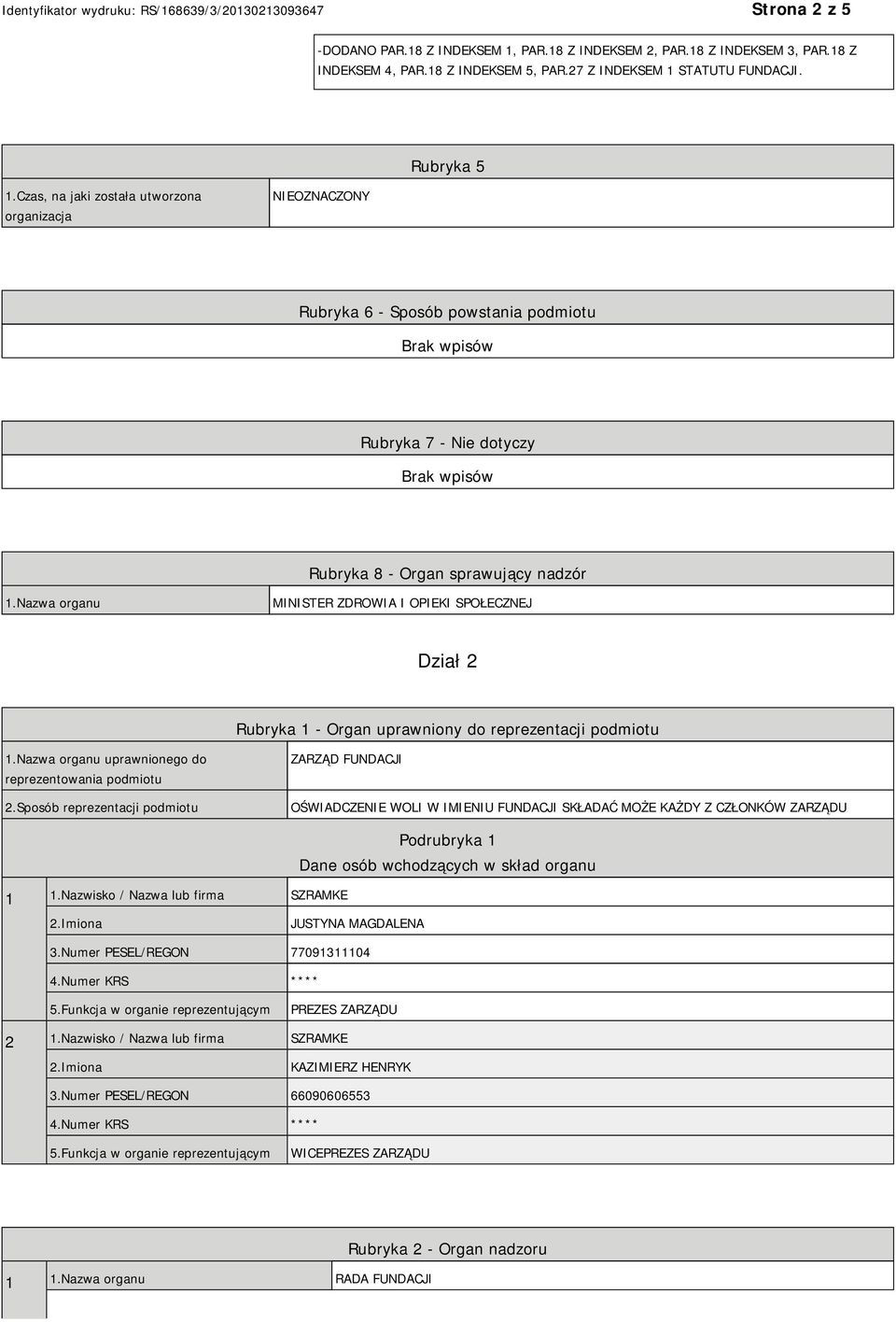 Nazwa organu MINISTER ZDROWIA I OPIEKI SPOŁECZNEJ Dział 2 Rubryka 1 - Organ uprawniony do reprezentacji podmiotu 1.Nazwa organu uprawnionego do reprezentowania podmiotu 2.