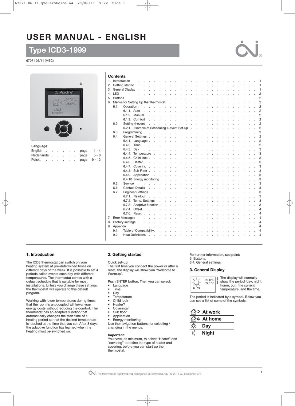 Menus for Setting Up the Thermostat................. 2 6.1. Operation....................... 2 6.1.1. Auto...................... 2 6.1.2. Manual..................... 2 6.1.3. Comfort..................... 2 6.2. Setting 4-event.