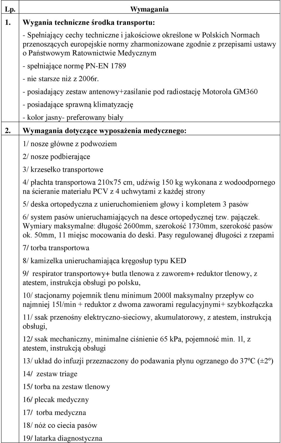 Ratownictwie Medycznym - spełniające normę PN-EN 1789 - nie starsze niż z 2006r.