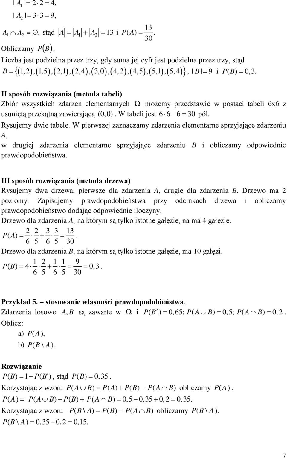 II sposób rozwiązania (metoda tabeli) Zbiór wszystkich zdarzeń elementarnych Ω możemy przedstawić w postaci tabeli 6x6 z usuniętą przekątną zawierającą (0,0). W tabeli jest 6 6 6 = 30 pól.