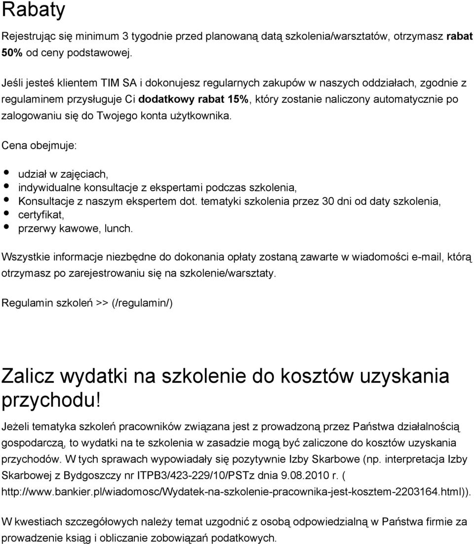 dodatkowy rabat 15%, który zostanie naliczony automatycznie po Cena obejmuje: udział w zajęciach, indywidualne konsultacje z ekspertami podczas szkolenia, Konsultacje z naszym ekspertem dot.