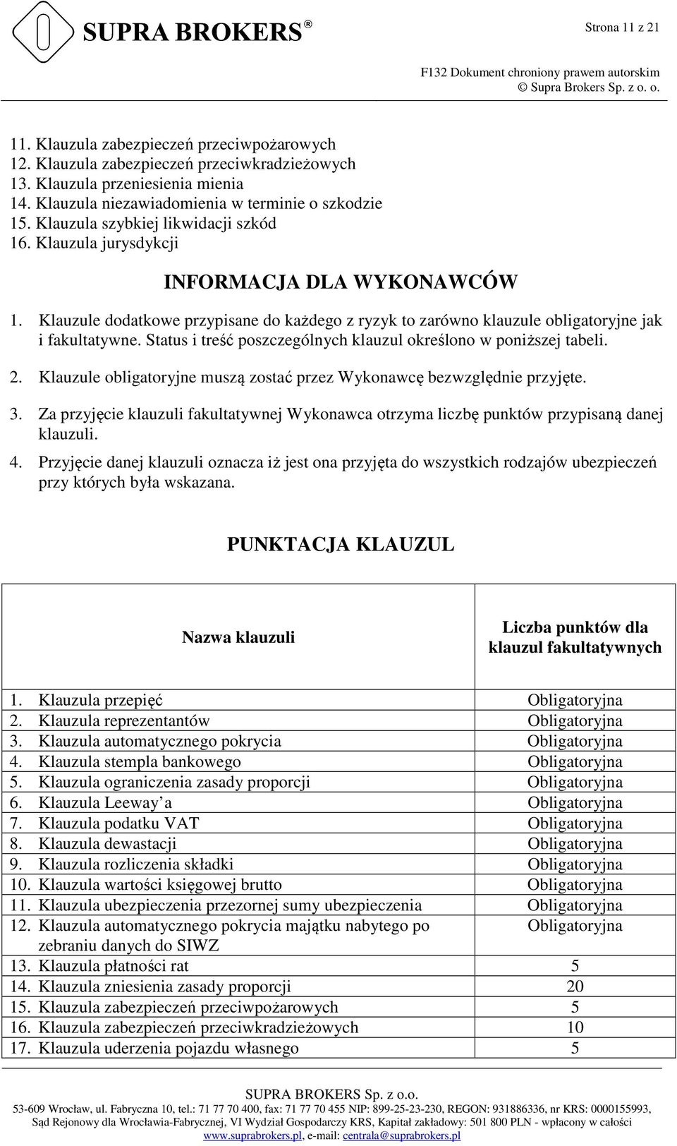Status i treść poszczególnych klauzul określono w poniższej tabeli. 2. Klauzule obligatoryjne muszą zostać przez Wykonawcę bezwzględnie przyjęte. 3.