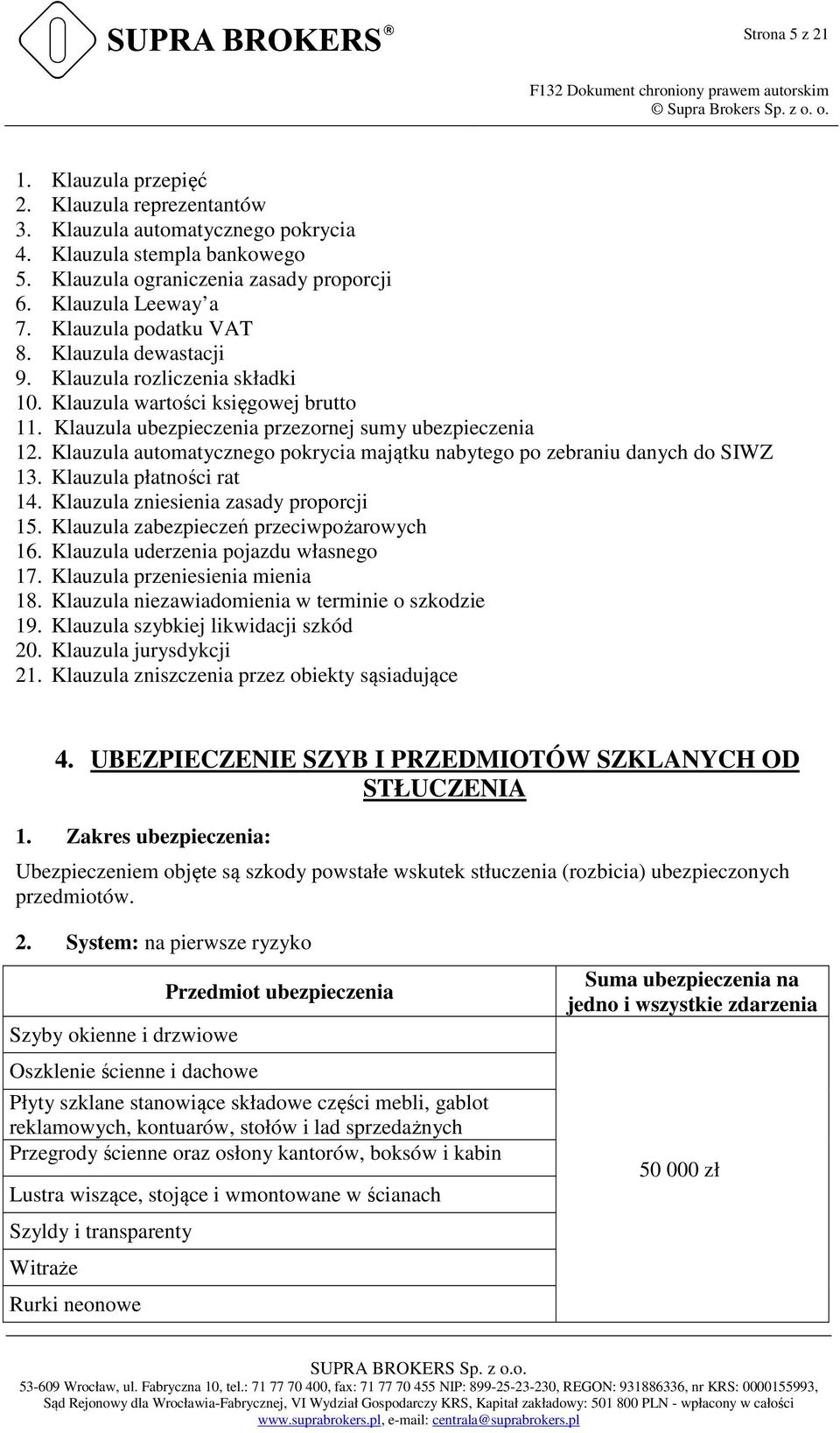 Klauzula automatycznego pokrycia majątku nabytego po zebraniu danych do SIWZ 13. Klauzula płatności rat 14. Klauzula zniesienia zasady proporcji 15. Klauzula zabezpieczeń przeciwpożarowych 16.