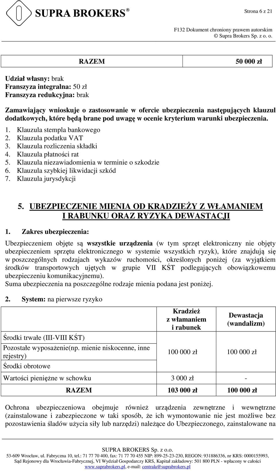 Klauzula niezawiadomienia w terminie o szkodzie 6. Klauzula szybkiej likwidacji szkód 7. Klauzula jurysdykcji 5. UBEZPIECZENIE MIENIA OD KRADZIEŻY Z WŁAMANIEM I RABUNKU ORAZ RYZYKA DEWASTACJI 1.