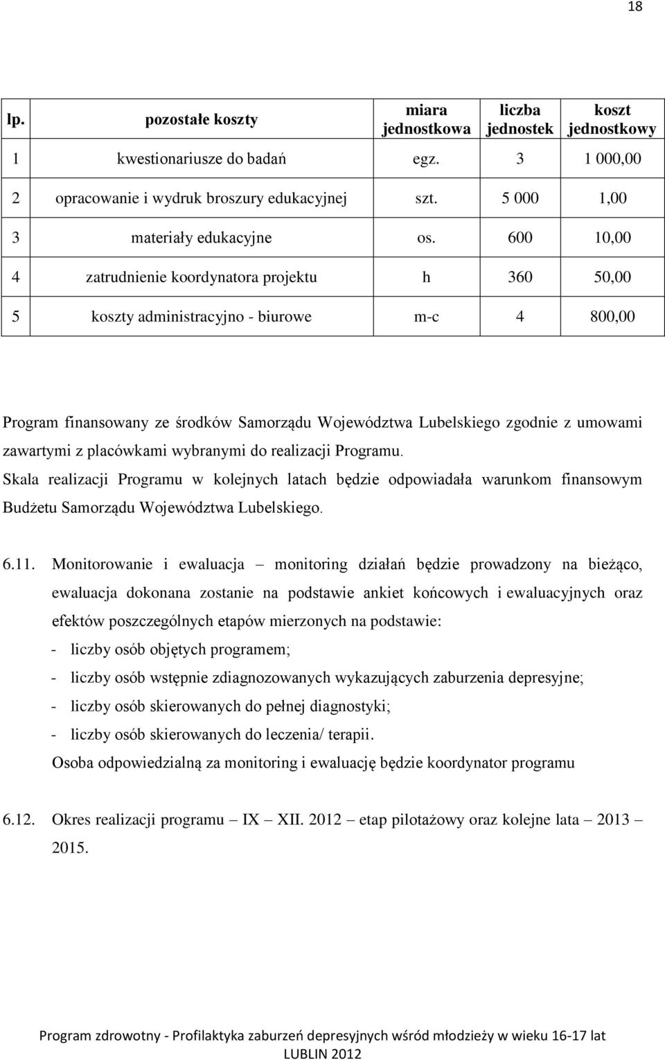 600 10,00 4 zatrudnienie koordynatora projektu h 360 50,00 5 koszty administracyjno - biurowe m-c 4 800,00 Program finansowany ze środków Samorządu Województwa Lubelskiego zgodnie z umowami zawartymi