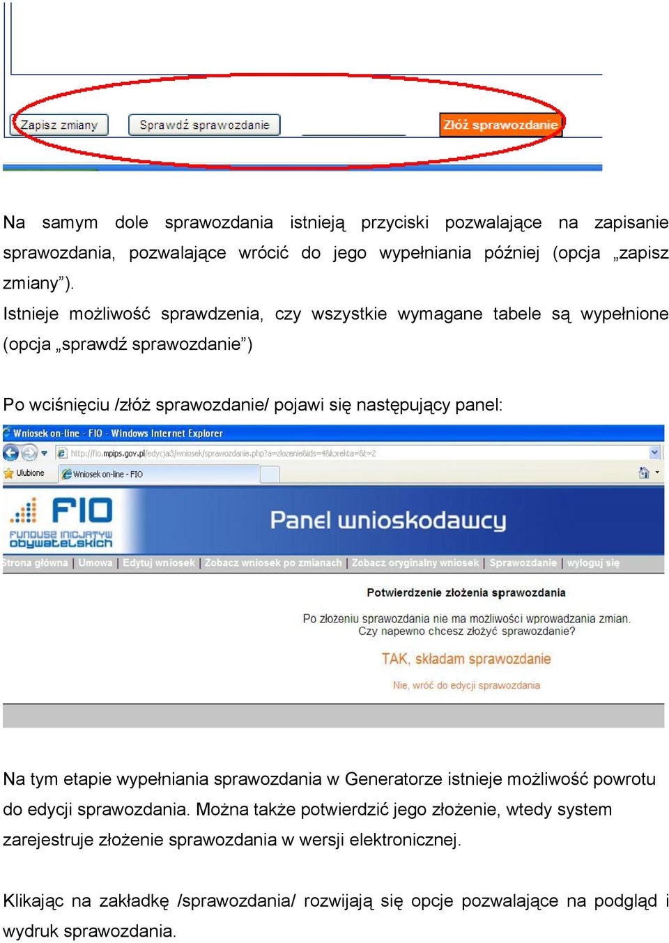 następujący panel: Na tym etapie wypełniania sprawozdania w Generatorze istnieje możliwość powrotu do edycji sprawozdania.