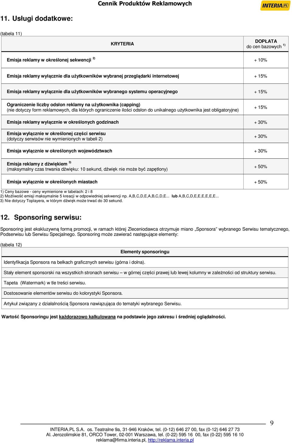 ilości odsłon do unikalnego uŝytkownika jest obligatoryjne) + 15% Emisja reklamy wyłącznie w określonych godzinach + 30% Emisja wyłącznie w określonej części serwisu (dotyczy serwisów nie