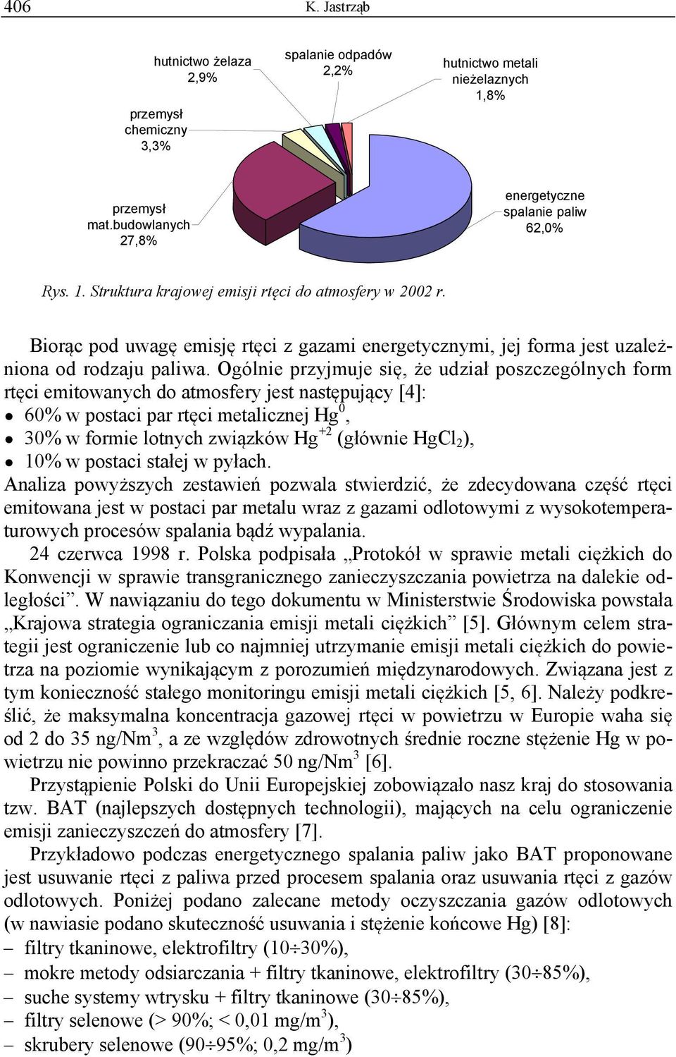 Ogólnie przyjmuje się, że udział poszczególnych form rtęci emitowanych do atmosfery jest następujący [4]: 60% w postaci par rtęci metalicznej Hg 0, 30% w formie lotnych związków Hg +2 (głównie HgCl 2