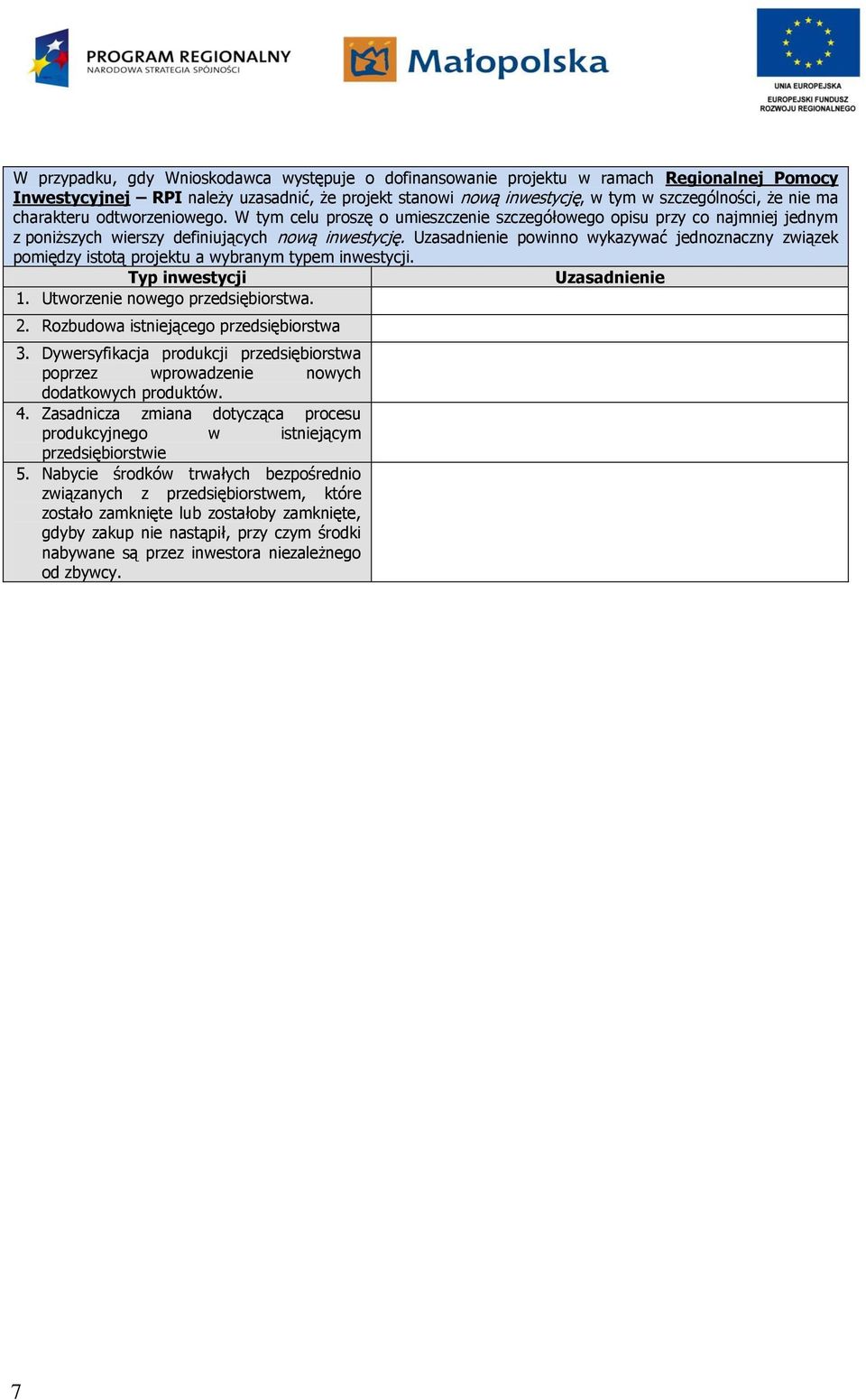 Uzasadnienie powinno wykazywać jednoznaczny związek pomiędzy istotą projektu a wybranym typem inwestycji. Typ inwestycji Uzasadnienie 1. Utworzenie nowego przedsiębiorstwa. 2.