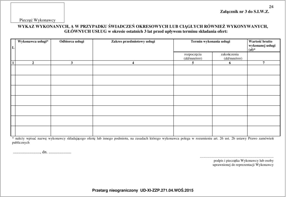 Wartość brutto L wykonanej usługi (zł)* rozpoczęcia (dd/mm/rrrr) zakończenia (dd/mm/rrrr) 1 2 3 4 5 6 7 * należy wpisać nazwę wykonawcy