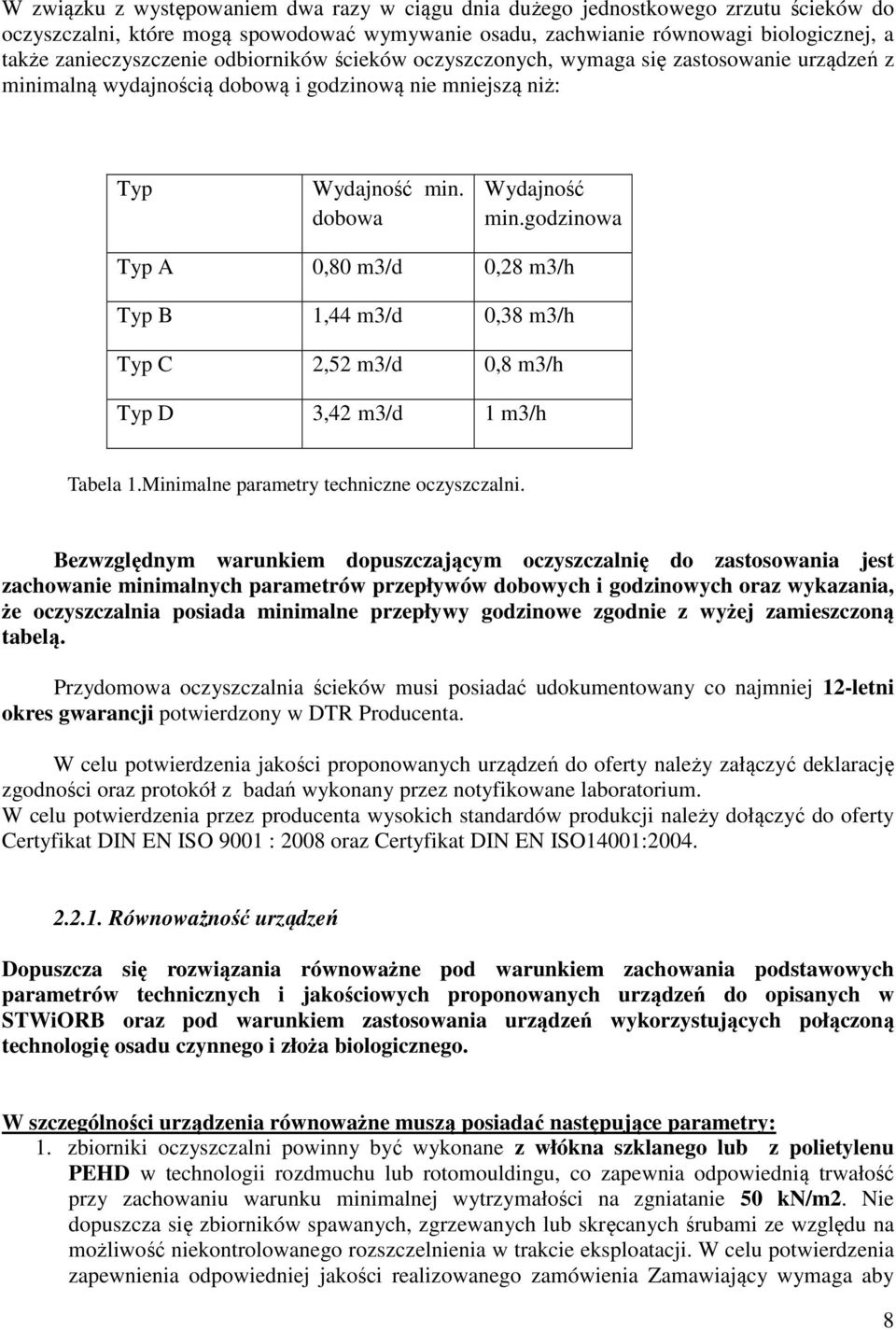 godzinowa Typ A 0,80 m3/d 0,28 m3/h Typ B 1,44 m3/d 0,38 m3/h Typ C 2,52 m3/d 0,8 m3/h Typ D 3,42 m3/d 1 m3/h Tabela 1.Minimalne parametry techniczne oczyszczalni.