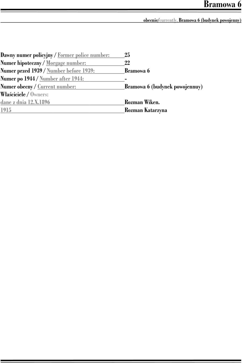 1939: Bramowa 6 Numer po 1944 / Number after 1944: - Numer obecny / Current number: Bramowa 6