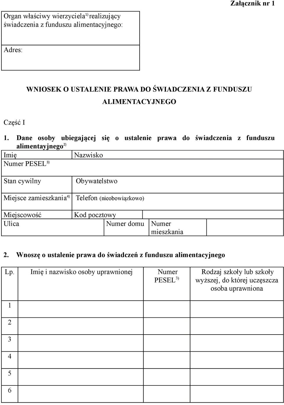 Dane osoby ubiegającej się o ustalenie prawa do świadczenia z funduszu alimentayjnego 2) Imię Nazwisko Numer Stan cywilny Obywatelstwo Miejsce