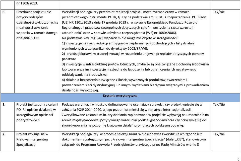 Projekt wpisuje się w Krajową Inteligentną Specjalizację Weryfikacji podlega, czy przedmiot realizacji projektu może być wspierany w ramach przedmiotowego instrumentu PO IR, tj. czy na podstawie art.