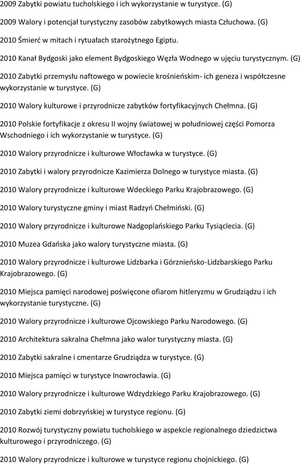(G) 2010 Zabytki przemysłu naftowego w powiecie krośnieńskim- ich geneza i współczesne wykorzystanie w turystyce. (G) 2010 Walory kulturowe i przyrodnicze zabytków fortyfikacyjnych Chełmna.