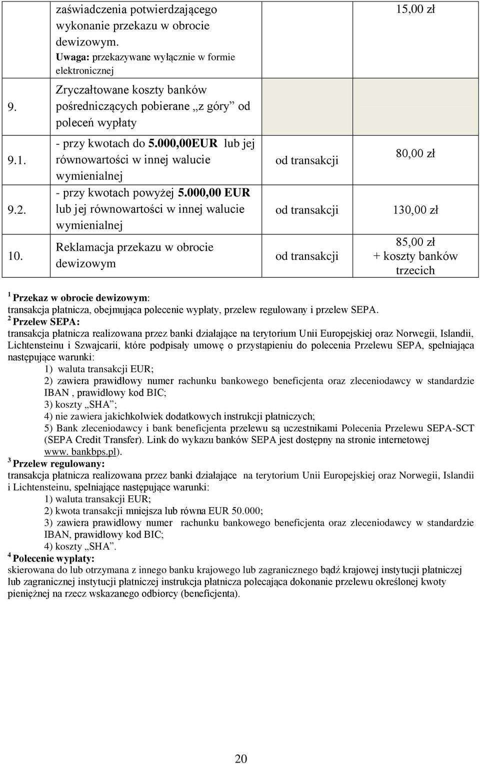 000,00 EUR lub jej równowartości w innej walucie wymienialnej Reklamacja przekazu w obrocie dewizowym 80,00 zł 130,00 zł 85,00 zł + koszty banków trzecich 1 Przekaz w obrocie dewizowym: transakcja