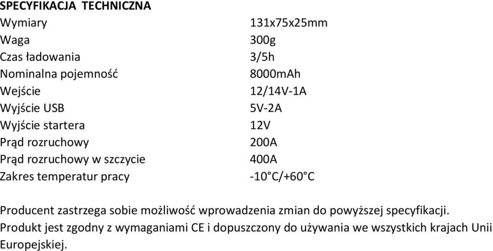 400A Zakres temperatur pracy -10 C/+60 C Producent zastrzega sobie możliwość wprowadzenia zmian do powyższej