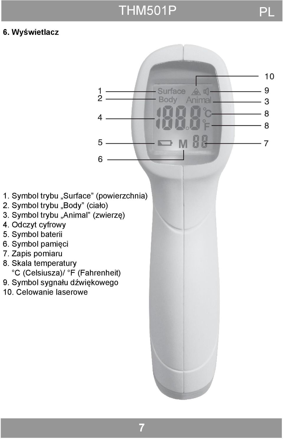 Odczyt cyfrowy 5. Symbol baterii 6. Symbol pamięci 7. Zapis pomiaru 8.