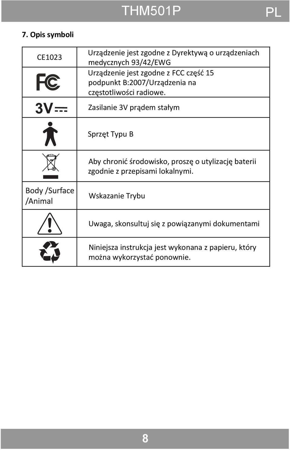 Zasilanie 3V prądem stałym Sprzęt Typu B Aby chronid środowisko, proszę o utylizację baterii zgodnie z przepisami