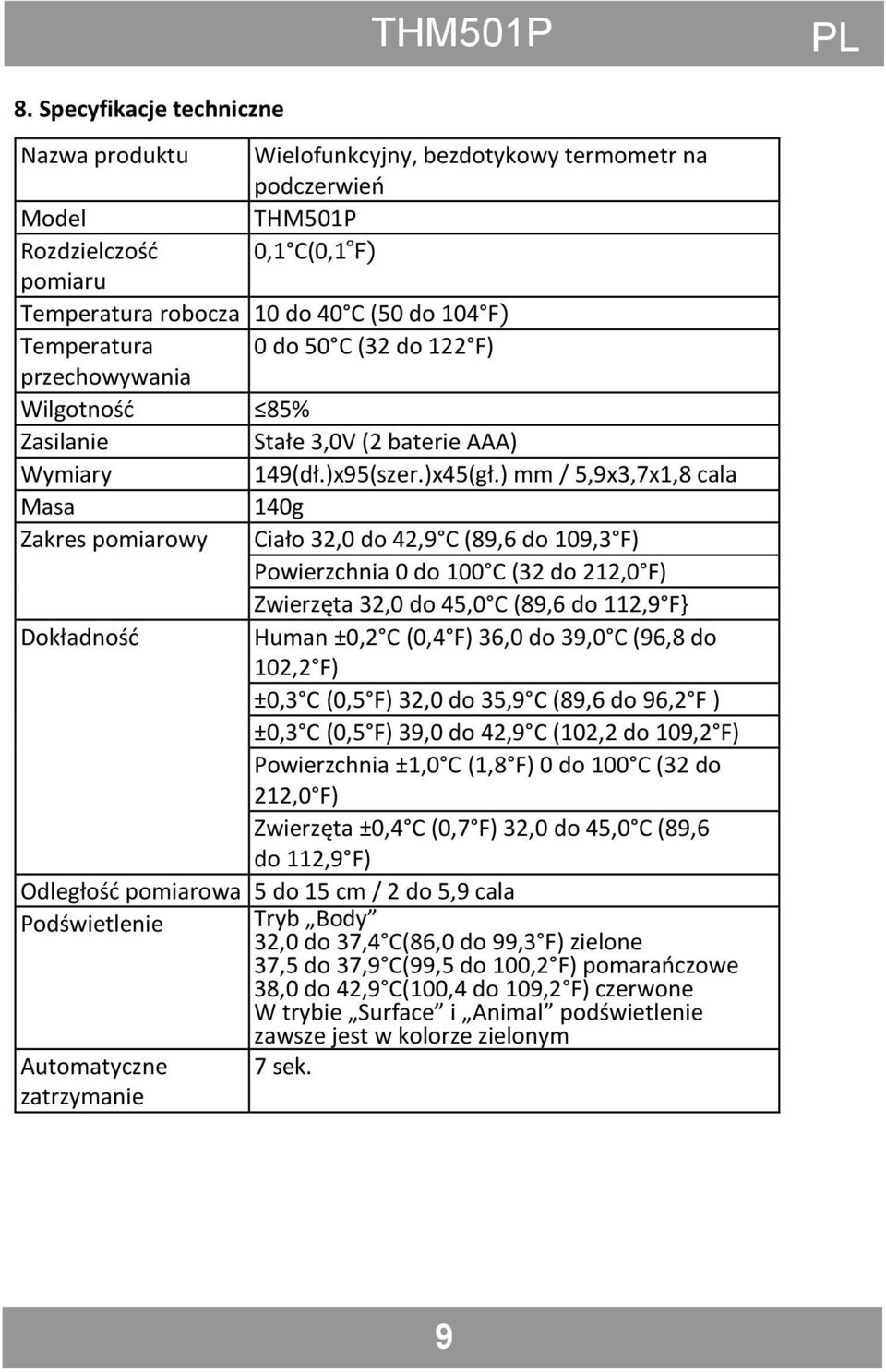 ) mm / 5,9x3,7x1,8 cala Masa 140g Zakres pomiarowy Ciało 32,0 do 42,9 C (89,6 do 109,3 F) Powierzchnia 0 do 100 C (32 do 212,0 F) Zwierzęta 32,0 do 45,0 C (89,6 do 112,9 F} Dokładnośd Human ±0,2 C