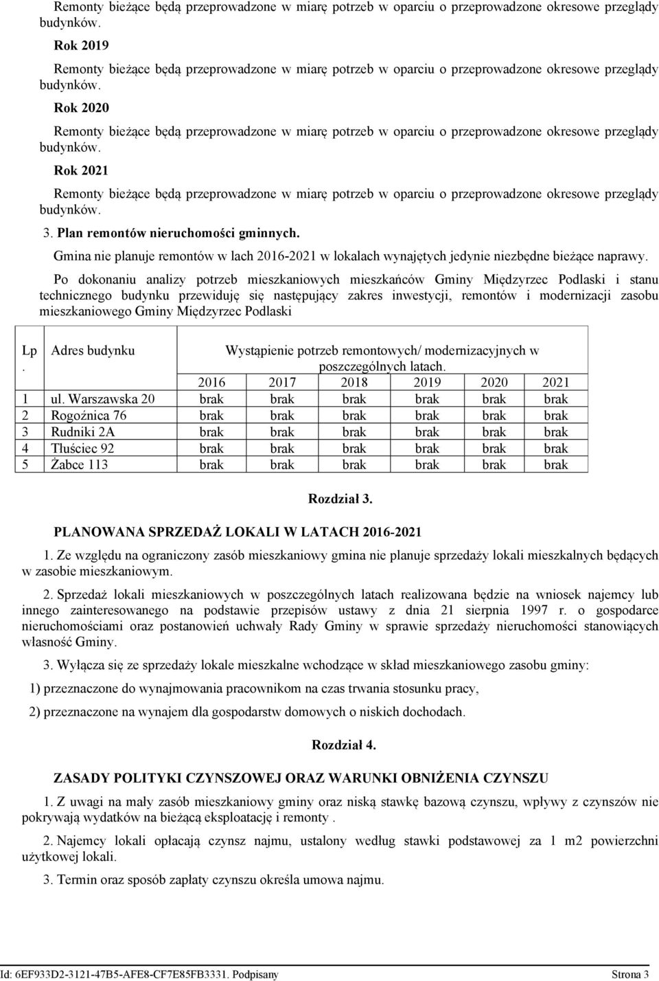 mieszkaniowego Gminy Międzyrzec Podlaski Lp. Adres budynku Wystąpienie potrzeb remontowych/ modernizacyjnych w poszczególnych latach. 2016 2017 2018 2019 2020 2021 1 ul.