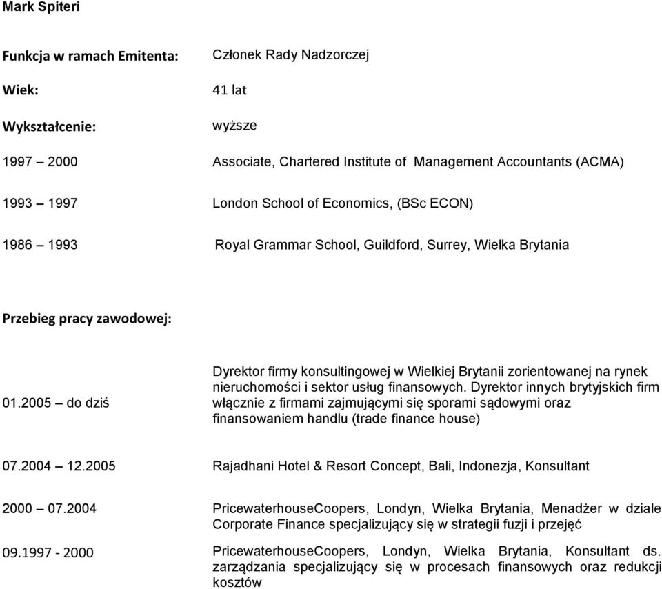 Dyrektor innych brytyjskich firm włącznie z firmami zajmującymi się sporami sądowymi oraz finansowaniem handlu (trade finance house) 07.2004 12.