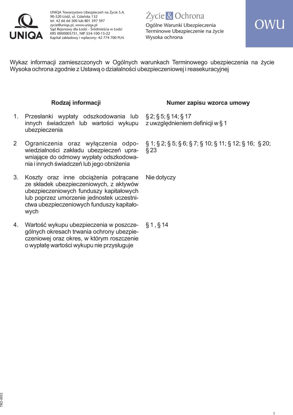 pl Sąd Rejonowy dla Łodzi - Śródmieścia w Łodzi KRS 0000005751, NIP 554-100-15-22 Kapitał zakładowy i wpłacony: 42 774 700 PLN Życie & Ochrona Ogólne Warunki Ubezpieczenia Terminowe Ubezpieczenie na
