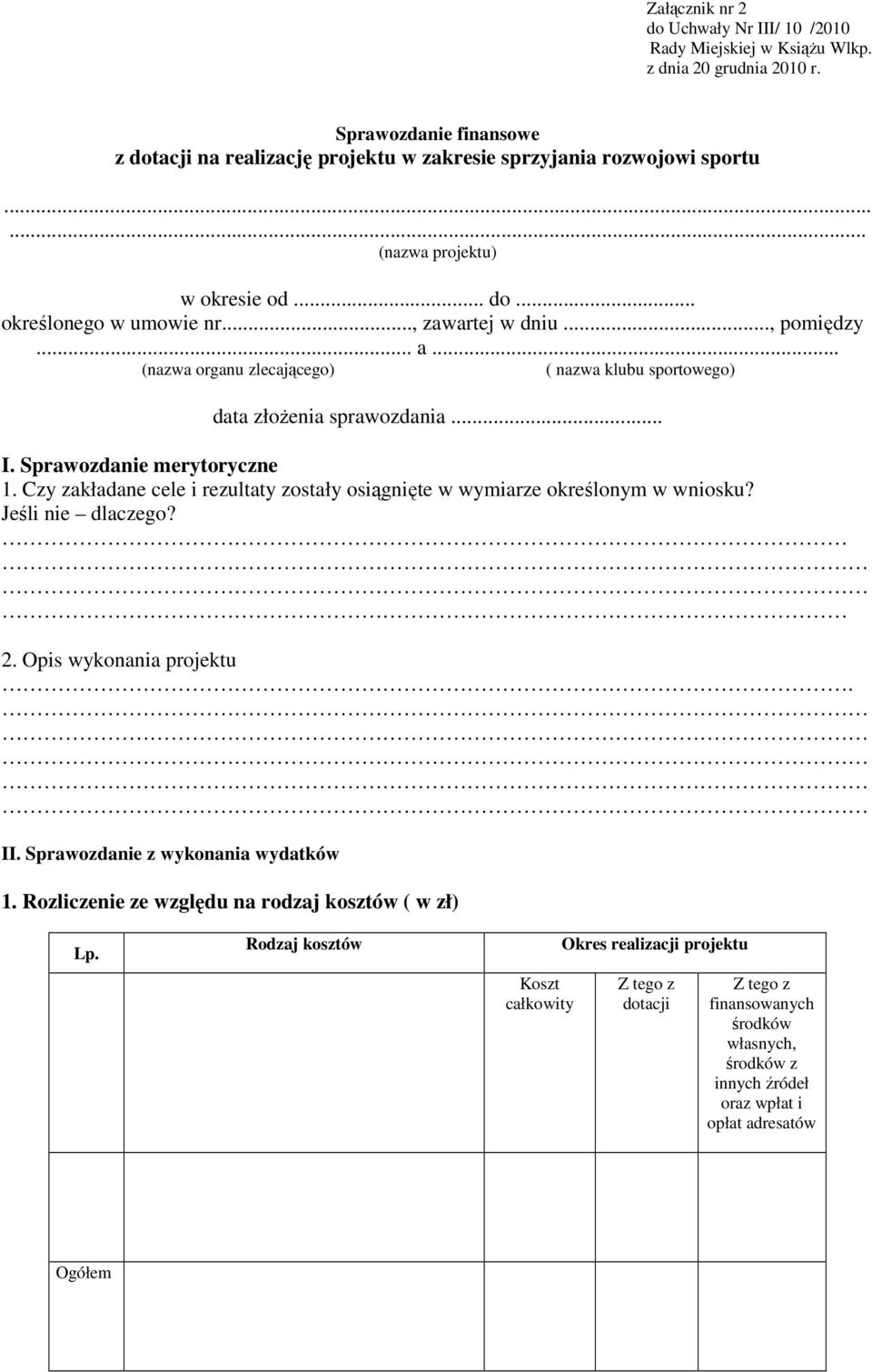 Czy zakładane cele i rezultaty zostały osiągnięte w wymiarze określonym w wniosku? Jeśli nie dlaczego? 2. Opis wykonania projektu. II. Sprawozdanie z wykonania wydatków 1.