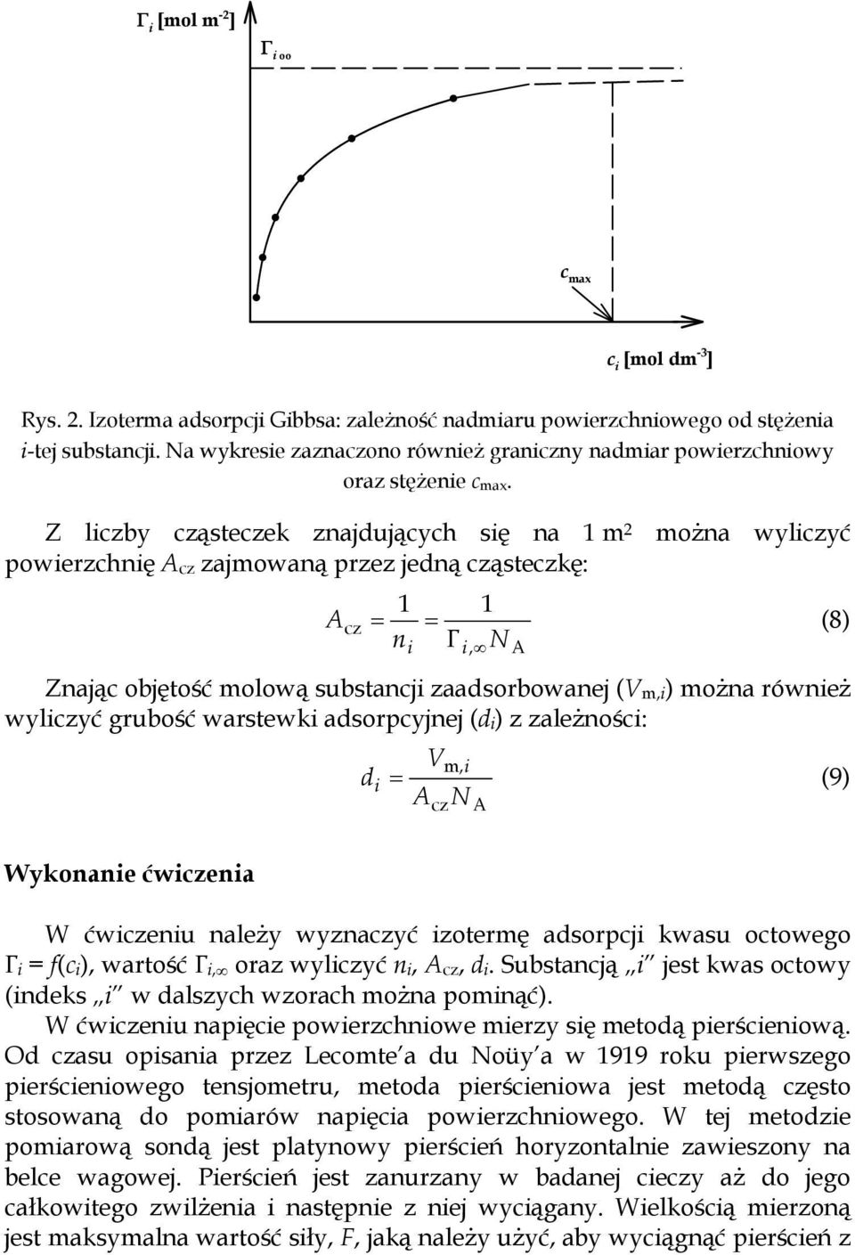 Z lczby cząsteczek znajdujących sę na 1 m 2 można wylczyć powerzchnę A cz zajmowaną przez jedną cząsteczkę: A cz 1 1 (8) n Γ N Znając objętość molową substancj zaadsorbowanej (V m,) można równeż