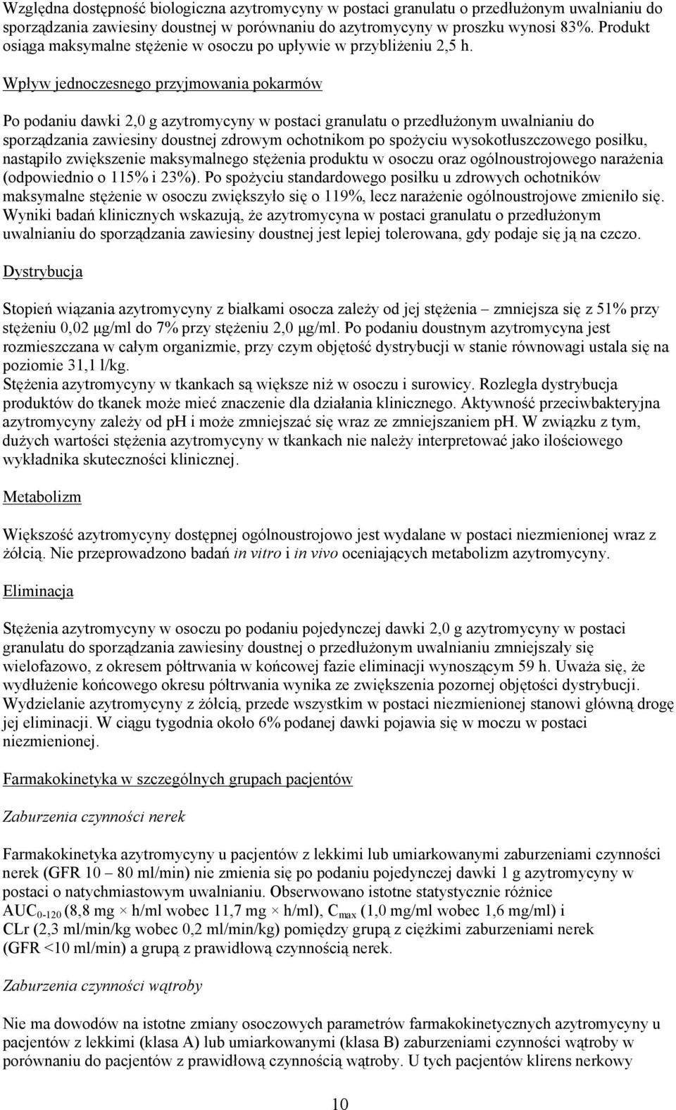 Wpływ jednoczesnego przyjmowania pokarmów Po podaniu dawki 2,0 g azytromycyny w postaci granulatu o przedłużonym uwalnianiu do sporządzania zawiesiny doustnej zdrowym ochotnikom po spożyciu