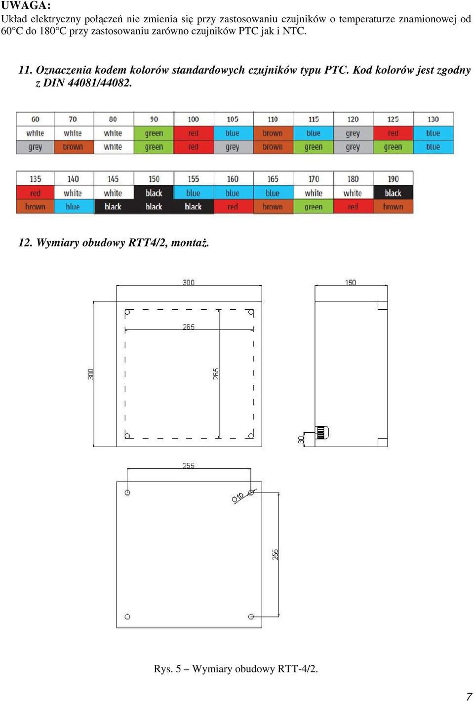 i NTC. 11. Oznaczenia kodem kolorów standardowych czujników typu PTC.